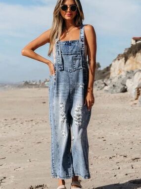 Target Women's Light Blue Distressed Denim Wide Leg Overalls L